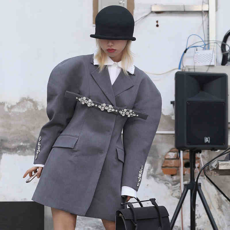 VGH Black Patchwork Diamond Blazer For Women Notched Long Sleeve Casual Joker Blazers Female Fashion Spring New Clothing 210421