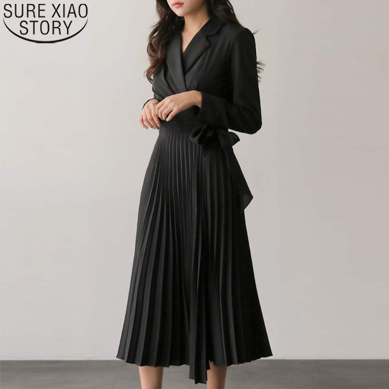 Elegant Pleated Dress Suit Collar Chiffon es Office Lady Women Autumn Korean Loose Midi High Waist with Belt 12922 210506