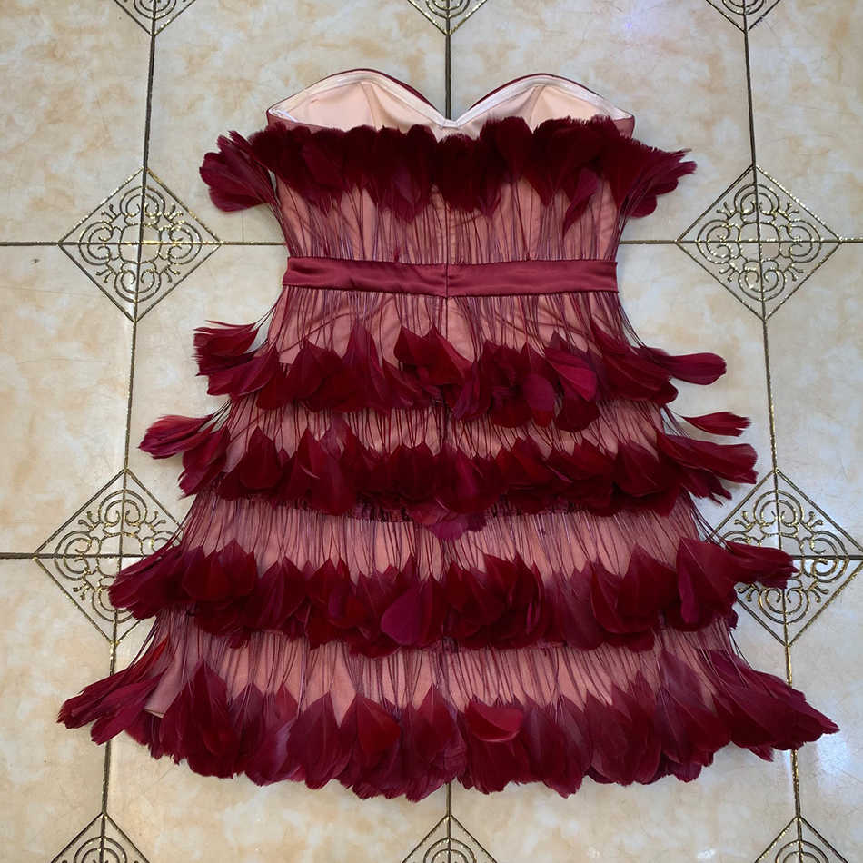 Summer Women's High Quality Burgundy Feather Sexy Strapless Skinny Mini Elegant Nightclub Party Dress Vestidos 210527