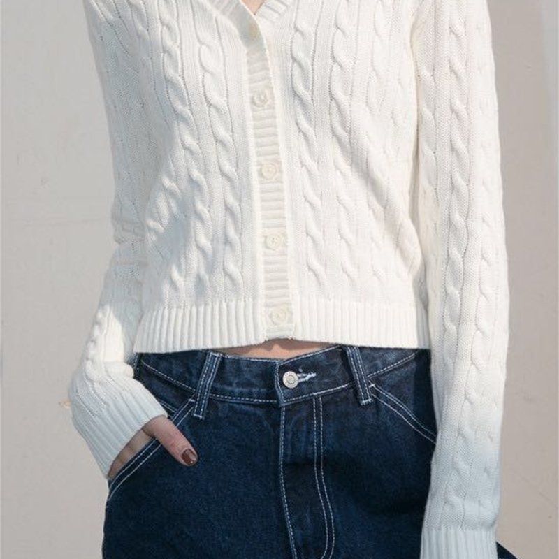 Women V Neck Comfy Cable Knit Cardigan Button Up Closure Sweater 210512