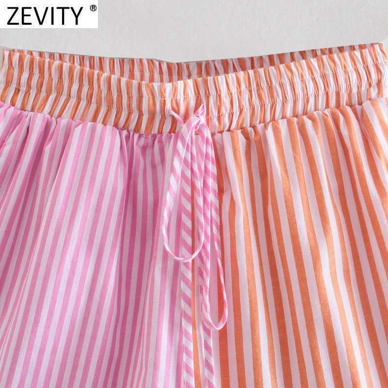 Zevity Women Fashion Patchwork Striped Print Casual Bermuda Shorts Female Chic Elastic Waist Summer Pantalone Cortos P1086 210603