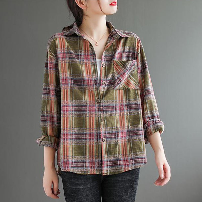 Johnature Autumn Cotton Linen Retro Fashion Plaid Turn-down Collar Long Sleeve Shirt Loose Comfortable Women Tops Shirt 210521, Green
Johnature Autumn Cotton Linen Retro Fashion Plaid Turn-down Collar Long Sleeve Shirt Loose Comfortable Women Tops Shirt 210521, Green