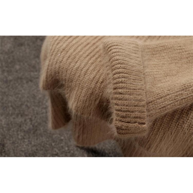 Winter Women's Thickened Round-Neck Mohair Pullover Sweater Pure Color Female Loose Knitwear Long Sleeve Asymmetry Knit Top 210520