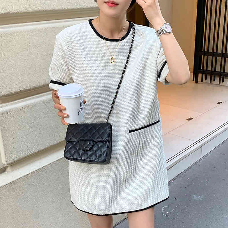 Korean Chic Retro Mini Dress Women Casual Short Sleeve Woolen Dresses Contrast Color Vestidos De Fiesta 210519