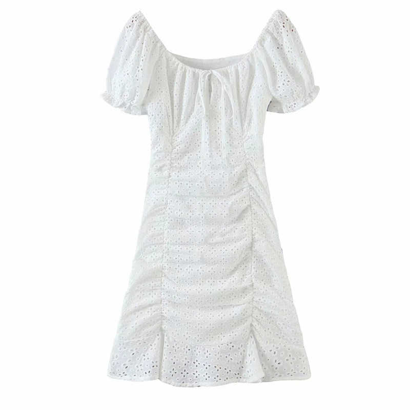 DEAT Women Hollow Out Pleated Ruffles Dress Square Neck Short Sleeve Arrivals Lady Fashion Spring Summer 11D1706 210709