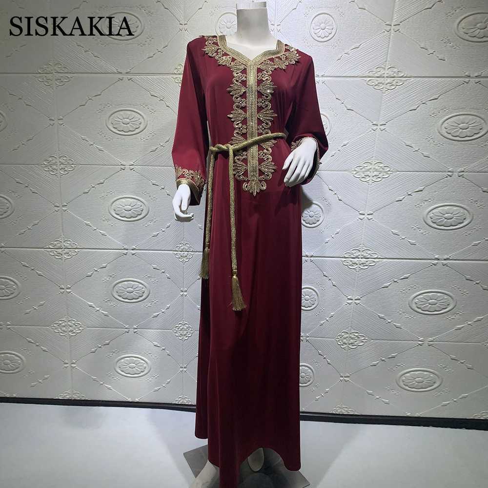 Siskakia Satin Maxi Dress for Women Elegant Ethnic Embroidery Gilding Jalabiya Muslim Dubai Arabic Moroccan Kaftan Robe Green 210729