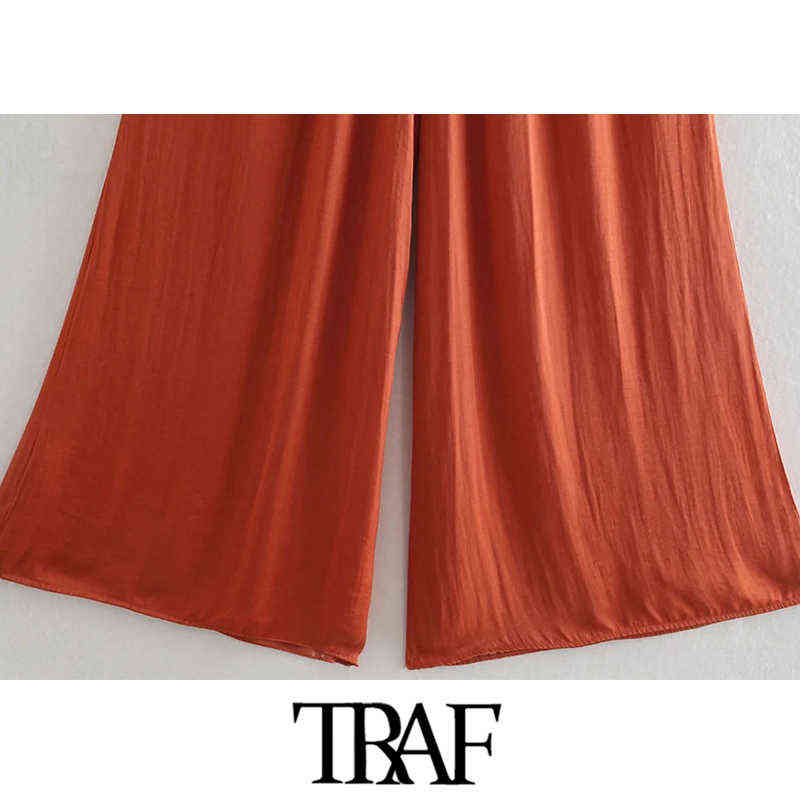 TRAF Women Chic Fashion Side Pockets Soft Touch Wide Leg Pants Vintage High Elastic Waist Female Trousers Mujer 211115