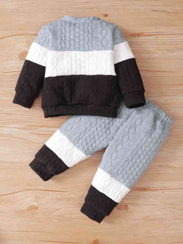 Baby Color Block Cable Textured Pullover & Sweatpants SHE