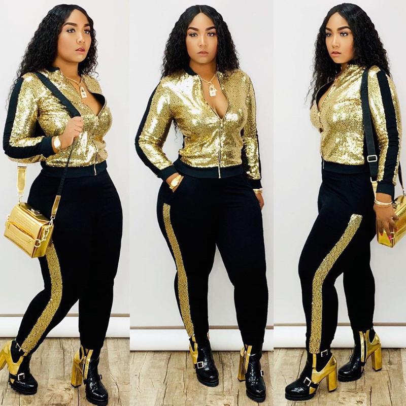 Two Piece Dress 2 Set Women Track Suit Tops And Pants Hooded Fashion Big Sequins Jogging Femme Sets Outfits Sweat Suits