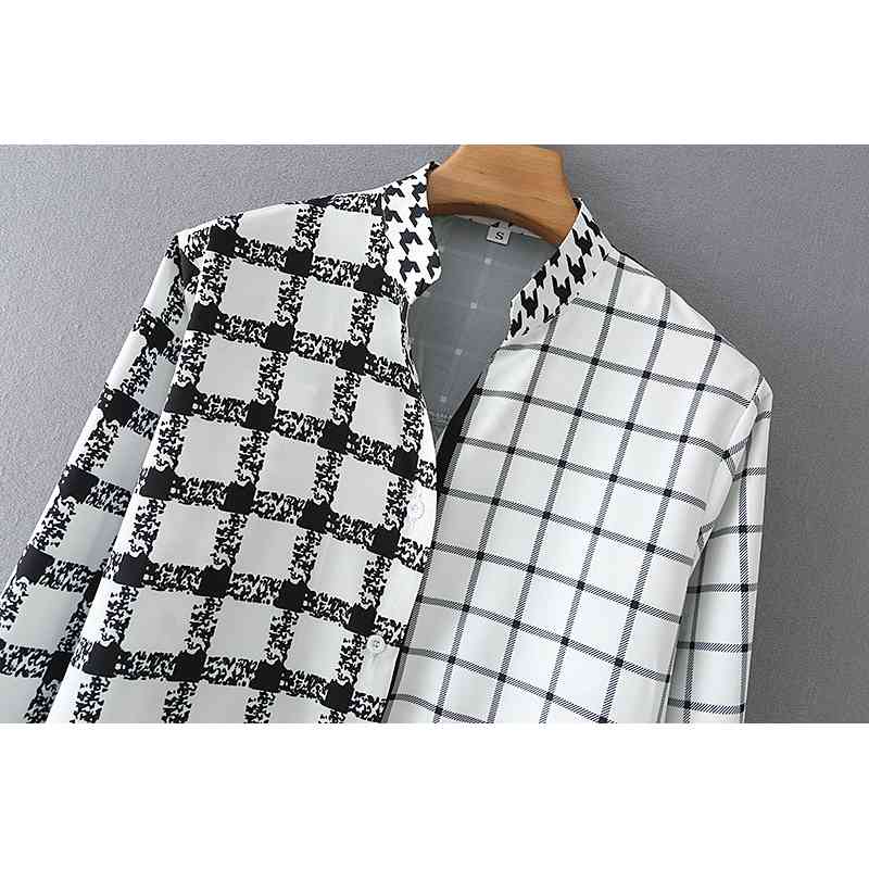 Causal Women Black White Plaid Patchwork Shirts Fashion Ladies Stand Collar Tops Streetwear Female Chic Button Blouses 210430