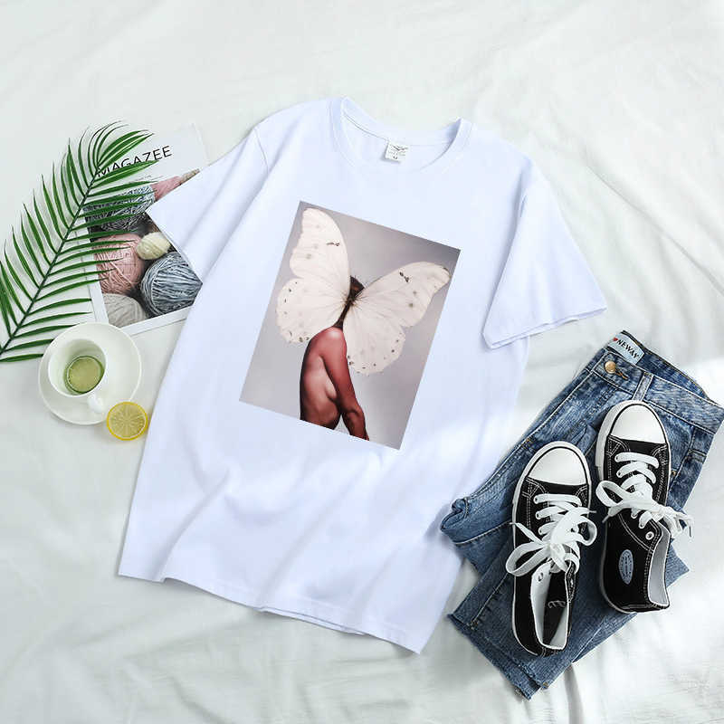 100% Cotton Aesthetic Feather Flowers Printing T-shirt Fashion Harajuku O Neck Short Sleeve Summer Female Tees W726 210526