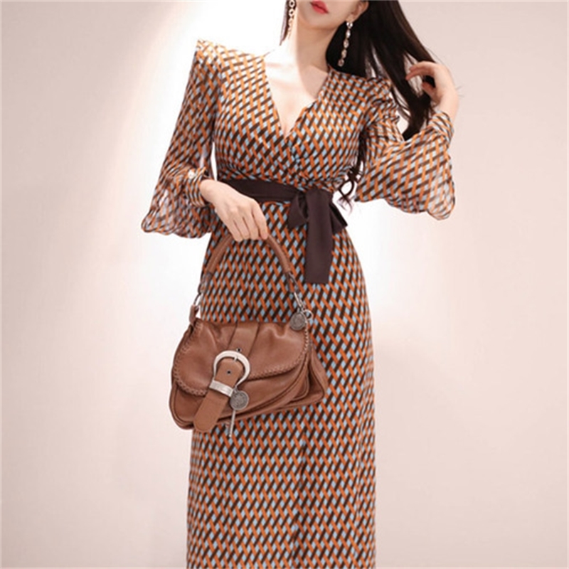 Comelsexy Print Bow Bandage Long Dress Women Spring Wasit Holiday Sexy Dresses Casual Fashion V-neck Vestidos De Festa 210515