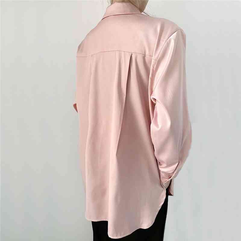 Elegant Women Solid Pink Satin Shirts Fashion Ladies Button Loose Tops Causal Female Chic Turn Down Collar Blouse 210430