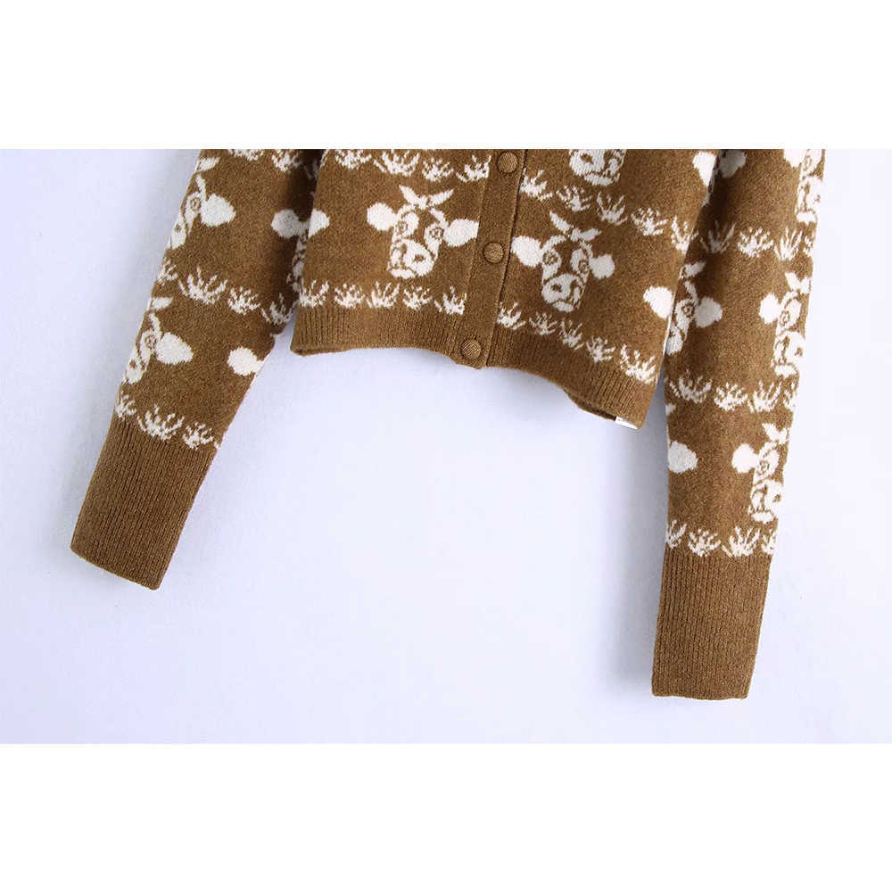 Women Cartoon animal pattern Jacquared Knit Cardigan Long Sleeves Casual Fashion Woman Knitted Sweaters 210709