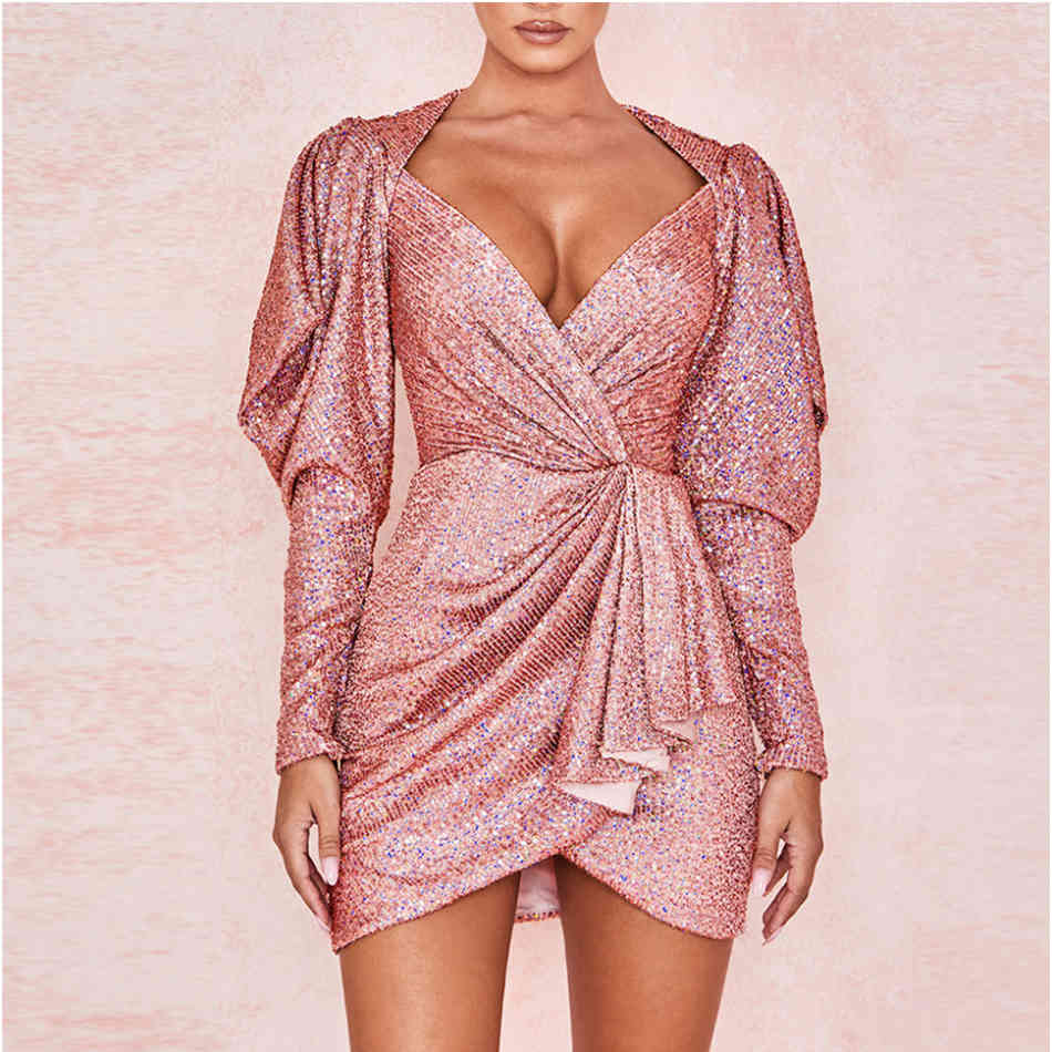 Summer Women's Dress Sexy V-neck Sequins Bubble Long Sleeve Tight Mini Vestidos Club Party 210525