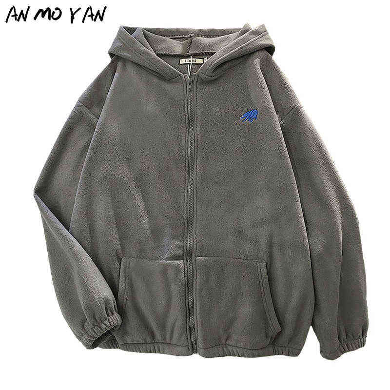 Winter Women's Hoodie Tops Autumn Korean Fashion Animal Embroidery Printing Loose Plush Zipper Sweatshirt 211108