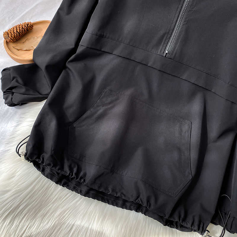 Spring Clothes Lazy Style Top Women's Black Half Zipper Hooded Sportswear 210809