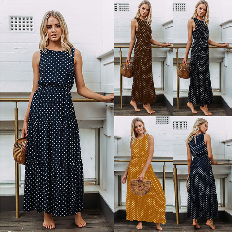 Summer Bohemian Sweet Causal Women Ladies Dress Sleeveless Dot Print Blue High Waist Ankle-Length Dresses Sundress