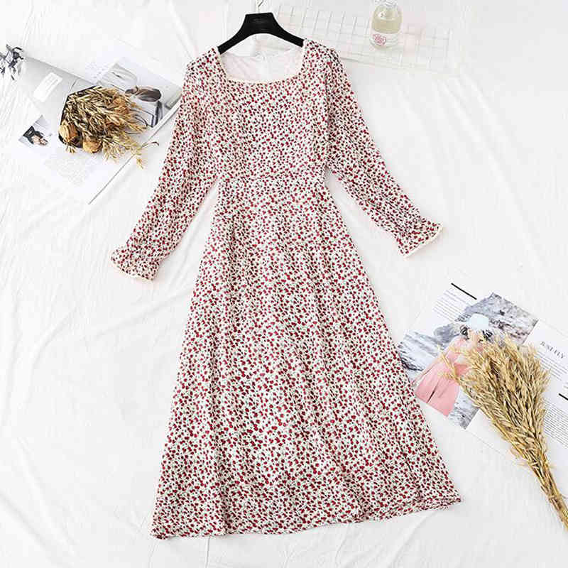 Chiffon Dress Women Spring Vintage Korean Fashion Floral Long Sleeve Dress Casual High Waist Ruffled Long Dress Vestidos 210521