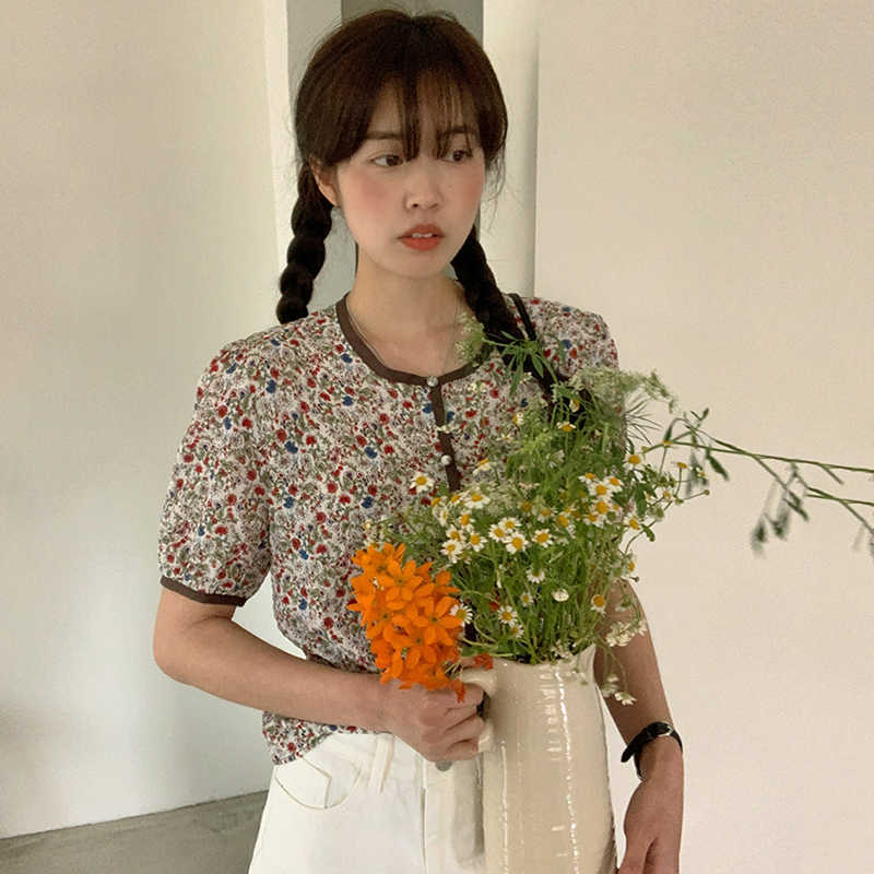 Korejpaa Women Shirt Summer Korean Chic Retro Round Neck Edging Single-Breasted Loose Versatile Floral Puff Sleeve Blouses 210526