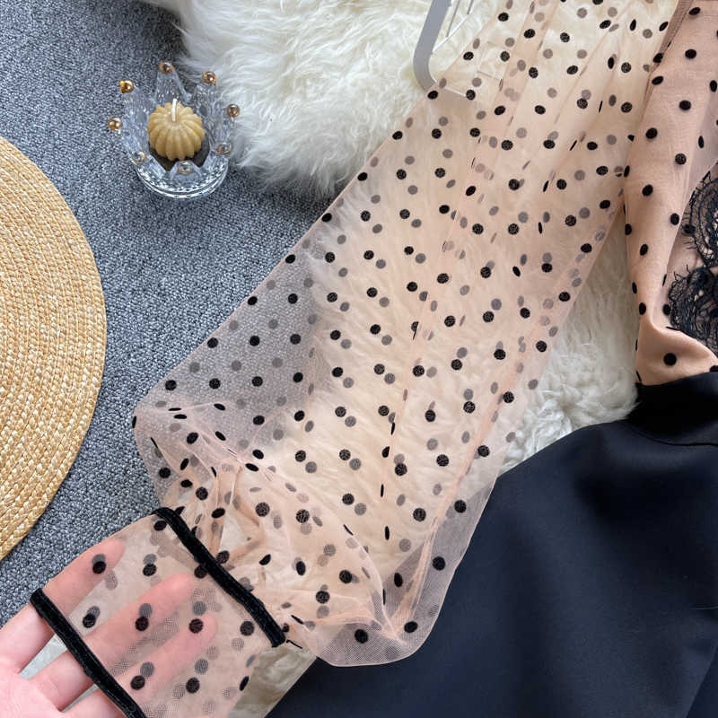 DEAT summer Arrivals Mesh Round Collar Puff Sleeve Stitching Waist Slim A-line Dress MZ726 210709