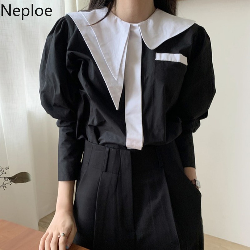 Neploe Women Blouses Irregula Peter Pan Collar Contrast Color Single Breasted Tops Korean Loose Long Sleeve Elegant Shirts 4h460 210422