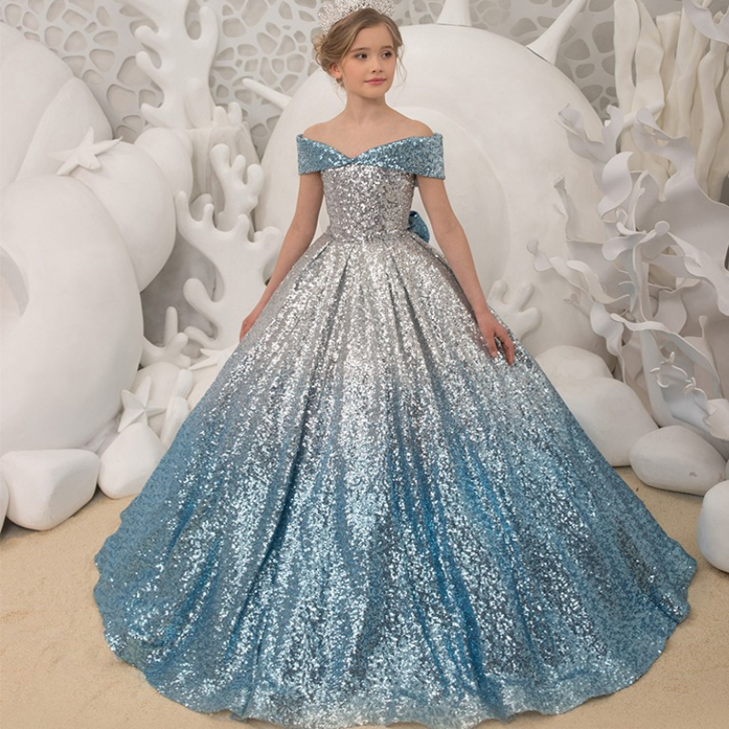 Luxury Silver Bling Sequin Girls Pageant Dresses Fluffy Off the Shoulder Ruched Flower Girl Dresses Ball Gowns Party Dresses for Girls 2021
