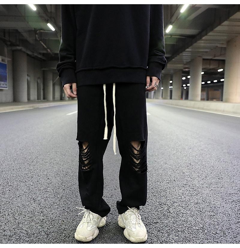 Dark Wind Hole Knife Cut Straight Loose Terry Draping Guard Pants Hip-hop Black All-match Cotton Casual Men Men's