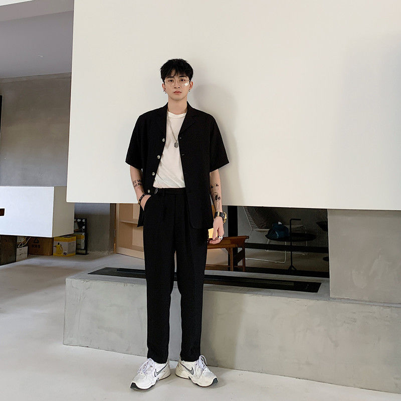 IEFB Men's Wear Casual Cotton And Linen Half Sleeve Shirt + Elastic Trousers Two-piece Set Summer Fashionable 9Y2746 210524