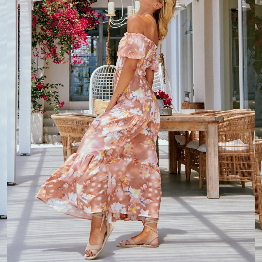 Women Dress Slash Neck Off Shoulder Maxi es Chiffon Printed Bohemian High Waist Large Hem Long Sexy es 210513