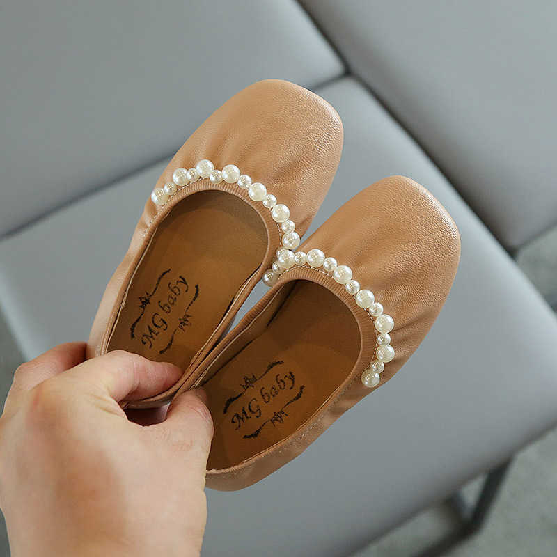 Autumn Girls Leather Shoes Fashion Solid Color Pearl Baby Girl Shoes Flat Heels Kids Dress Shoes Soft Bottom Black Beige SMG217 X0703