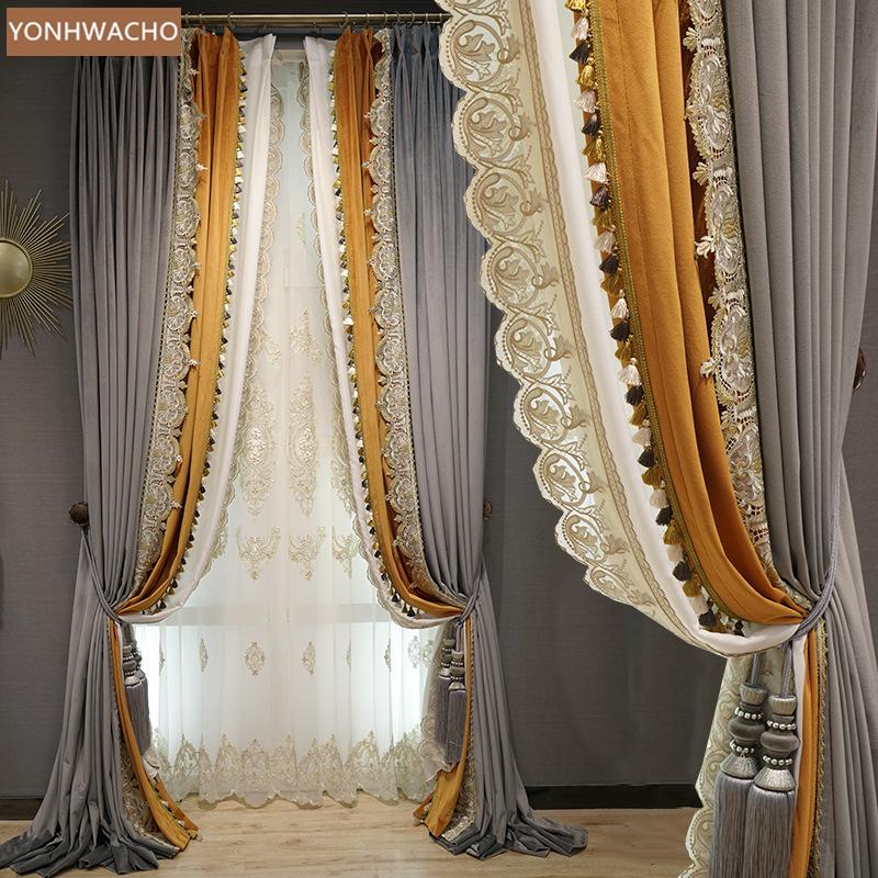 Custom Curtain European Luxury Living Room High-class Gray Velvet Orange Stitching Cloth Blackout Tulle Panel C720 & Drapes от DHgate WW