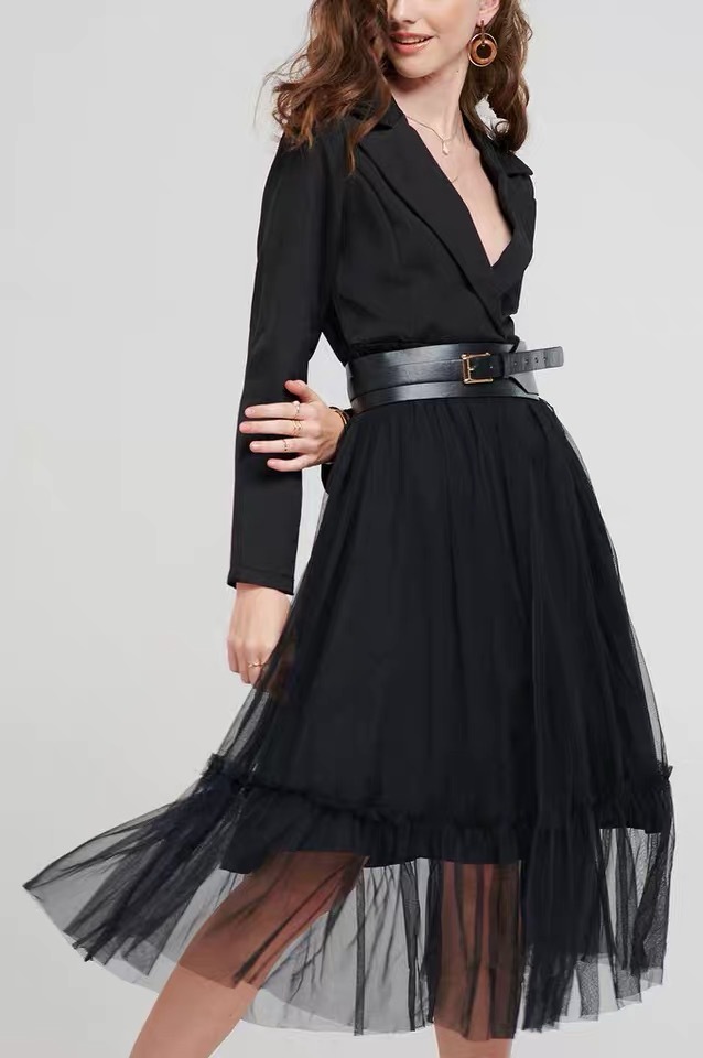 Autumn Women Midi Blazer Dress Runway Black Patchwork Mesh Noeched Collar Elegant Long Sleeve Slim Belt navid 210421