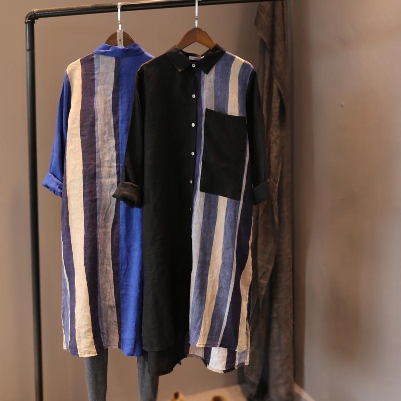 Nomikuma Causal Oversized Women Blouses Open Stitch Autumn Striped Contrast Color Blusas Femme Long Shirts Cardigan 6D647 210427