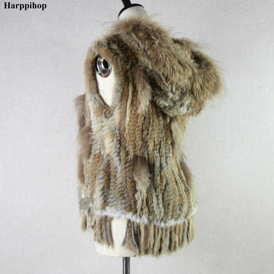 Harppihop fashion rabbit fur vest raccoon trimming knitted vest with hood waist coat gilet T191118