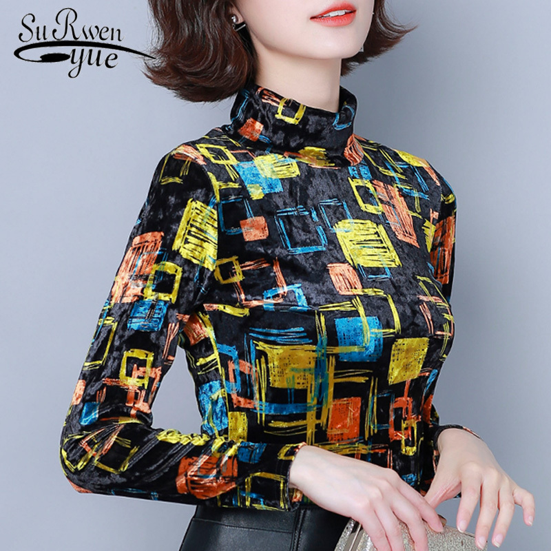 Korean Print Pullover Slim Women Shirts Autumn Fashion Long Sleeve Turtleneck Blouses Office Ladies Tops 6513 50 210506