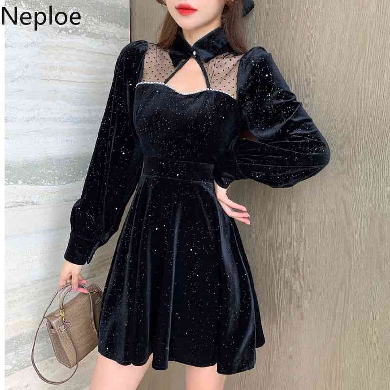 Neploe Women Elegant Dress Korean Hollow Out Patchwork Gauze Sexy Vestidos Sequined Robe Vintage Fashion Black Party Dresses 210422