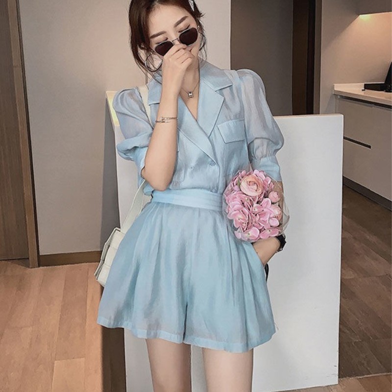Korea Two Piece Sets Women Solid Color Lapel Puff Sleeve Blouse Top + Mini Pant Suits Summer Fashion OL Clothing Suit 210518