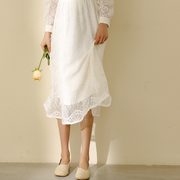 Elegant A-Line Vestidos White Dress Women Spring Long Sleeve Stand Collar Lace Ruffle Female Clothes 210520
