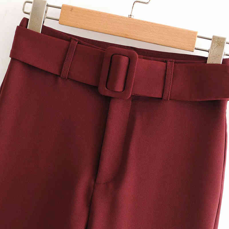 Women Solid Fashion Pencil Pants With Belt Pleated Pockets Casual Trousers Split Wine Red Long Length Bottoms Female Ropa Mujer 210515