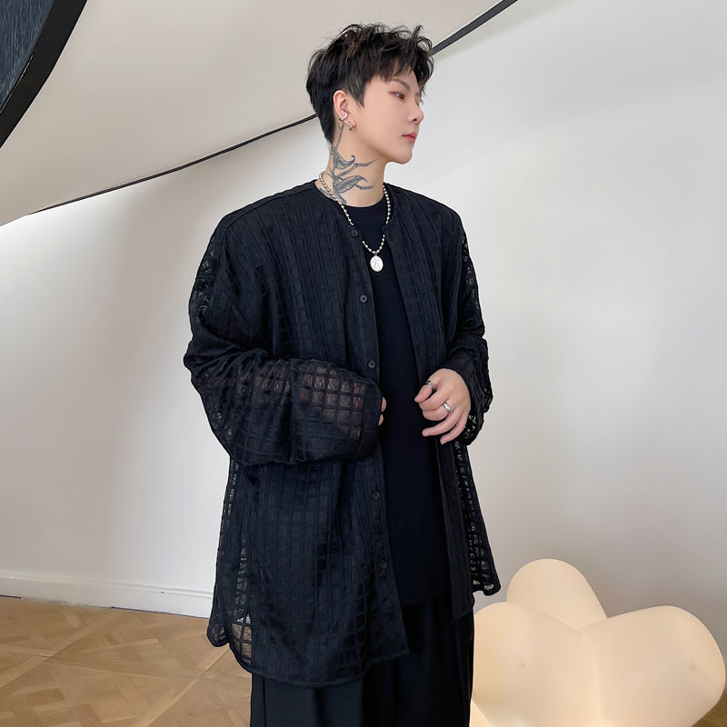 IEFB Summer Solid Color Plaid Mesh Round Neck Loose Men's Long Sleeve Sunscreen Shirt O-neck Casual Oversized Tops 9Y7517 210524