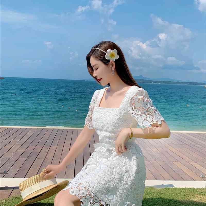 Sexy Lace Woman Dress Summer Square Collar Short Sleeve Dresses Party Club Vestido White Fashion 210520