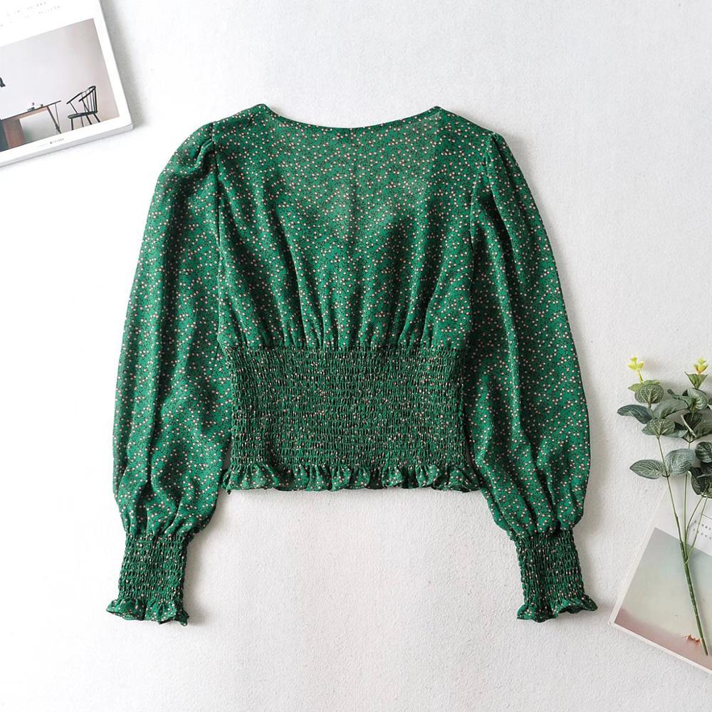 Spring Green Floral Print Crop Shirt Women Sexy Lacing up Tie Bow Square Collar Elastic Waist Slim Fit Blouse French Tops 210429