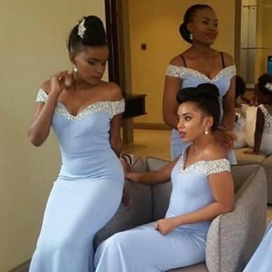Light Sky Blue African Bridesmaid Dresses Mermaid Satin Sparkle Crystals Maid Of Honor Gowns Off Shoulder Wedding Guest Dress