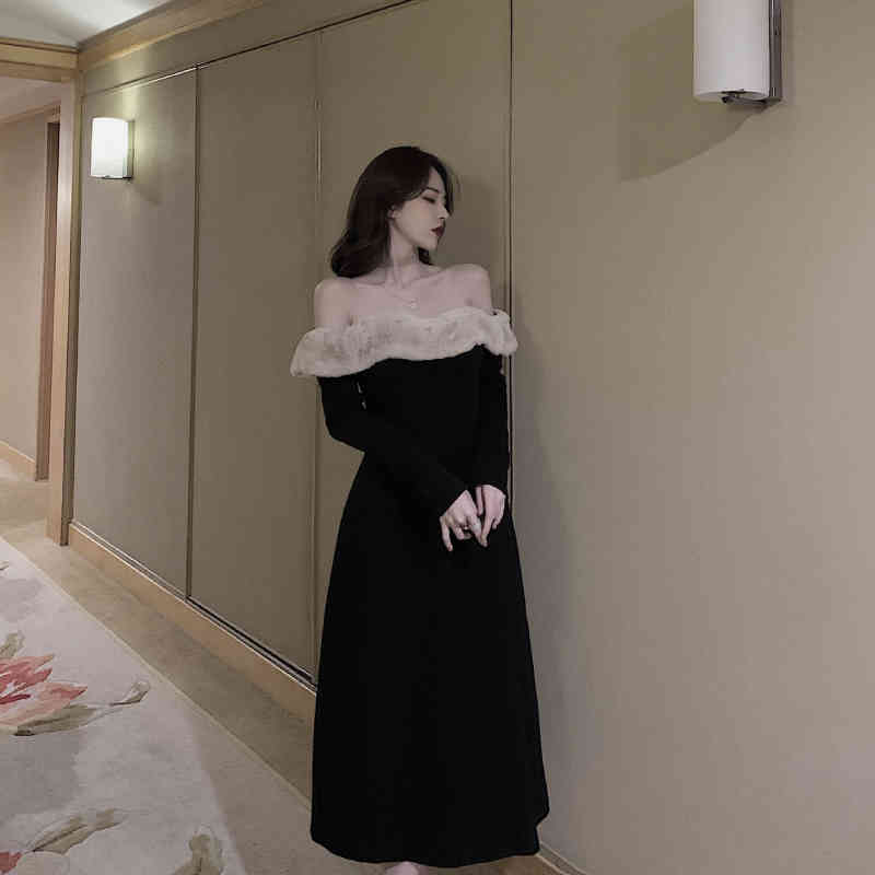 Elegant Vintage Dress Women Long Sleeve Sexy Fur Collar Evening Party Black Dress Female Dress Korean Autumn Chic 210521