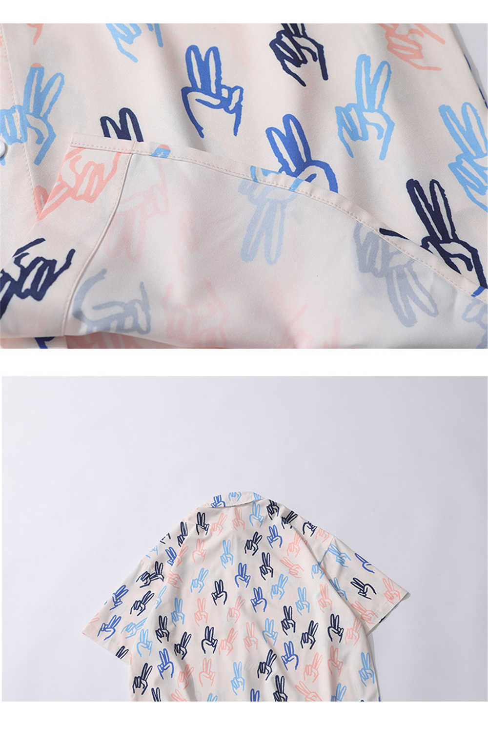 Mens Shirts Victory Sign Fingers Printed Casual Short Sleeve Beach Tops Oversize Turn-down Collar Shirt Tops 210601