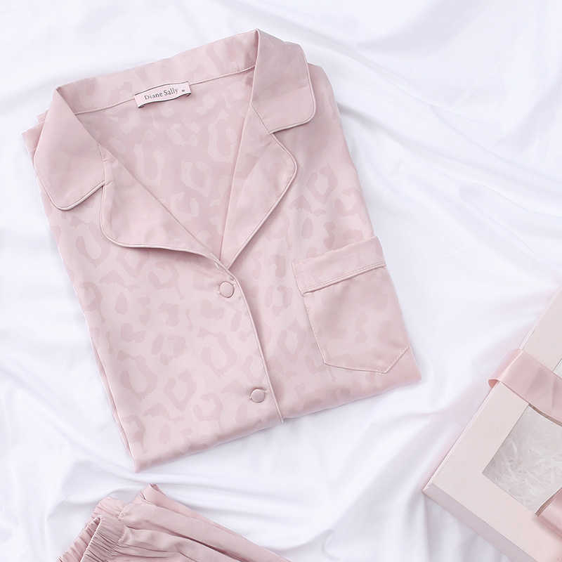 Women Loungewear Satin Leopard Pajamas Set Casual 2PCS Shirt&Pants Sleepwear Loose Nightwear Intimate Lingerie Home Clothes Q0706