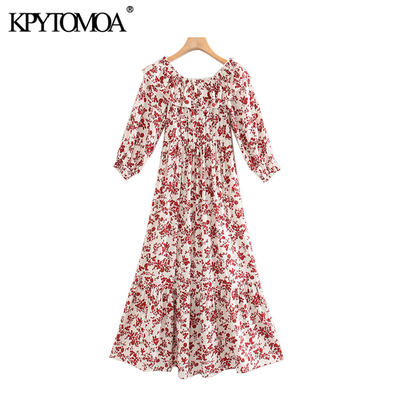 Women Chic Fashion Floral Print Smocked Ruffled Midi Dress Square Collar Short Sleeve Female Dresses Mujer 210420