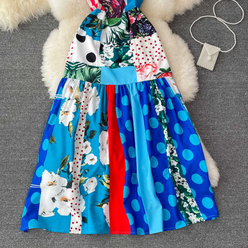 DEAT Women Printing Dress Round Neck Sleeveless Arrivals Lady Temperament Fashion Spring Summer 11D1406 210709