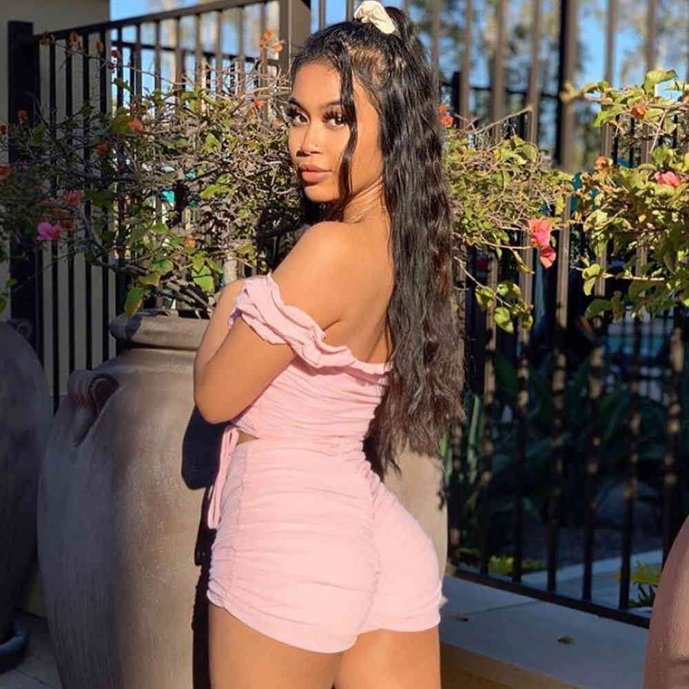 Summer Women White Lace 2 Two Pieces Sets Sexy Off Shoulder Short Sleeve Tops & Shorts Casual Club Party 210423